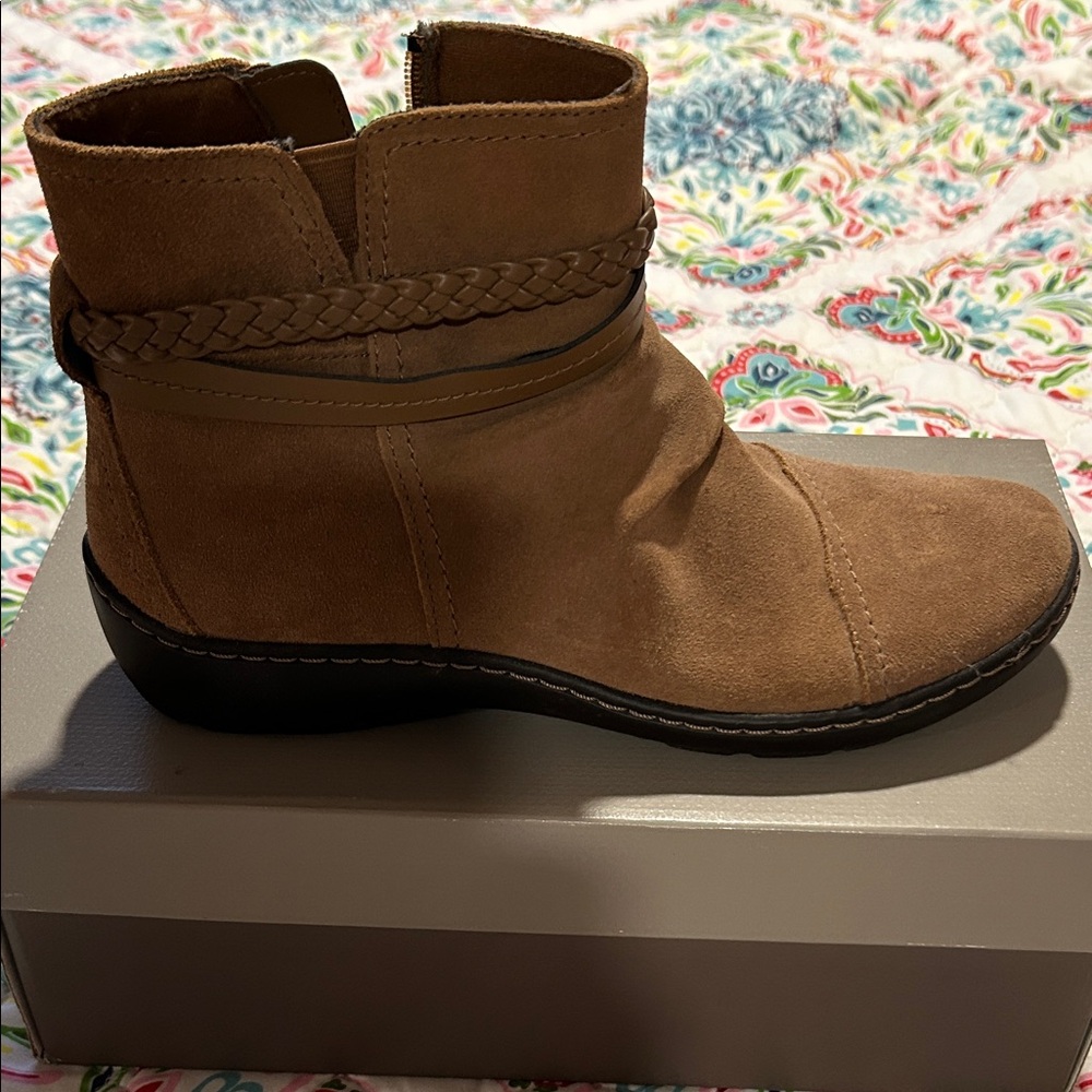Clarks Tan Ankle Booties with Braided Detail